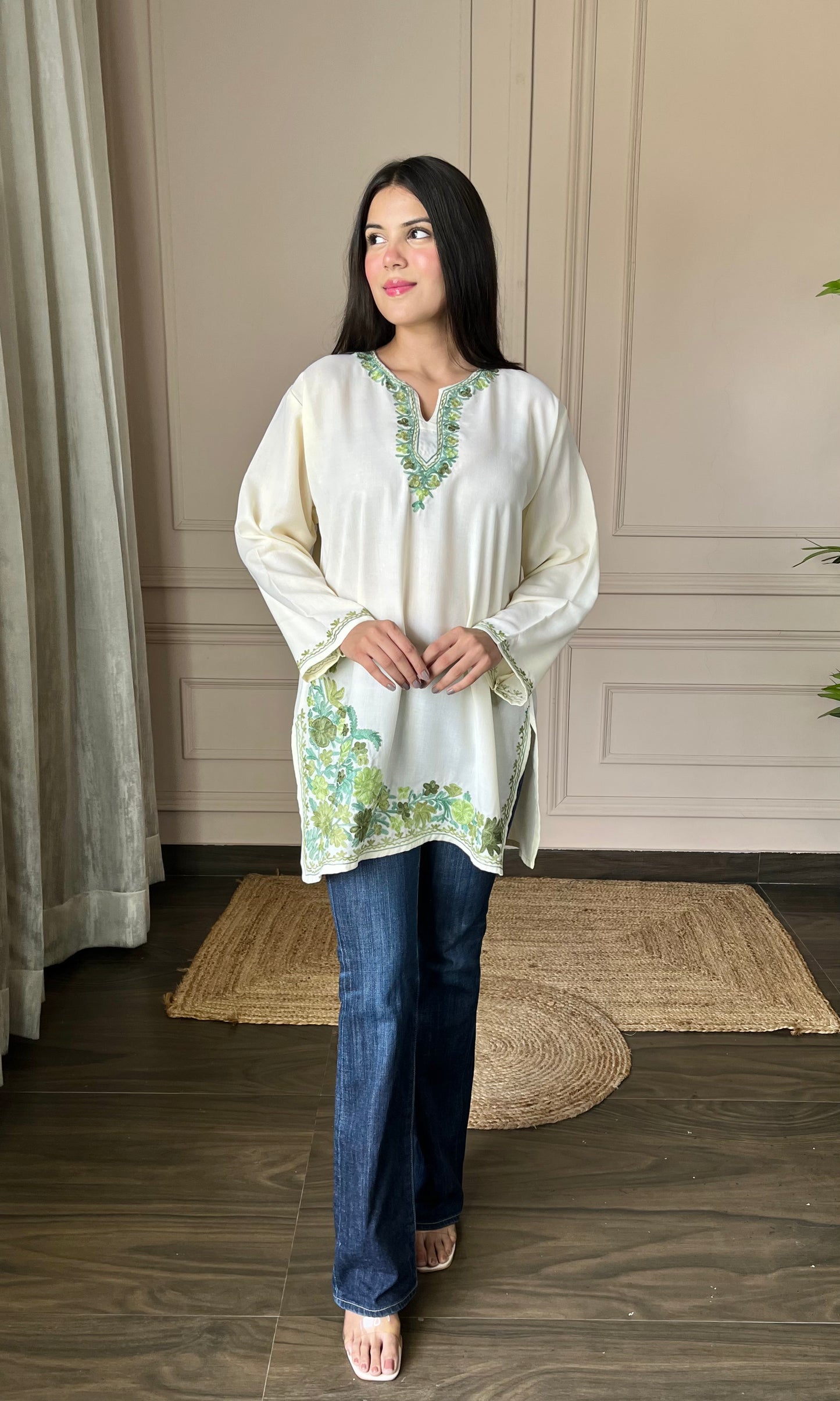 Green Aari Embroidered Off White Short Kurti