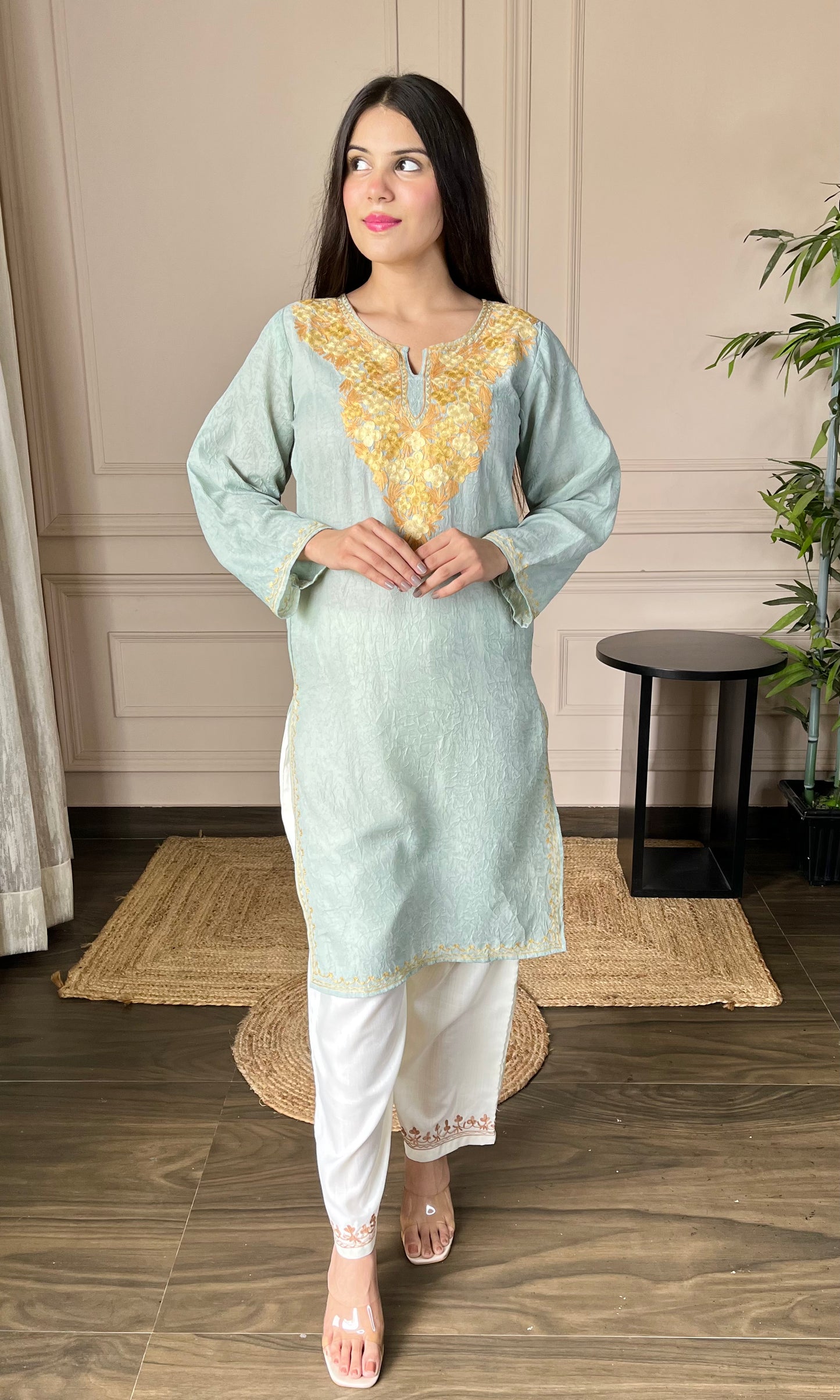 Light sea green Aari Embroidered Crushed Cotton Kurti