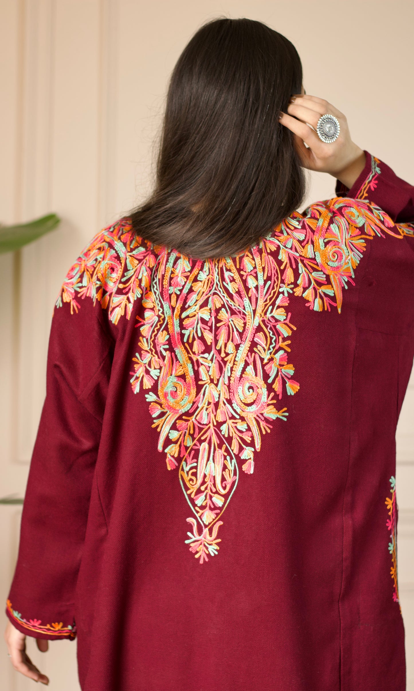 Deep Wine Multi Bloom Aari Embroidered Fine Cashmilon Pheran