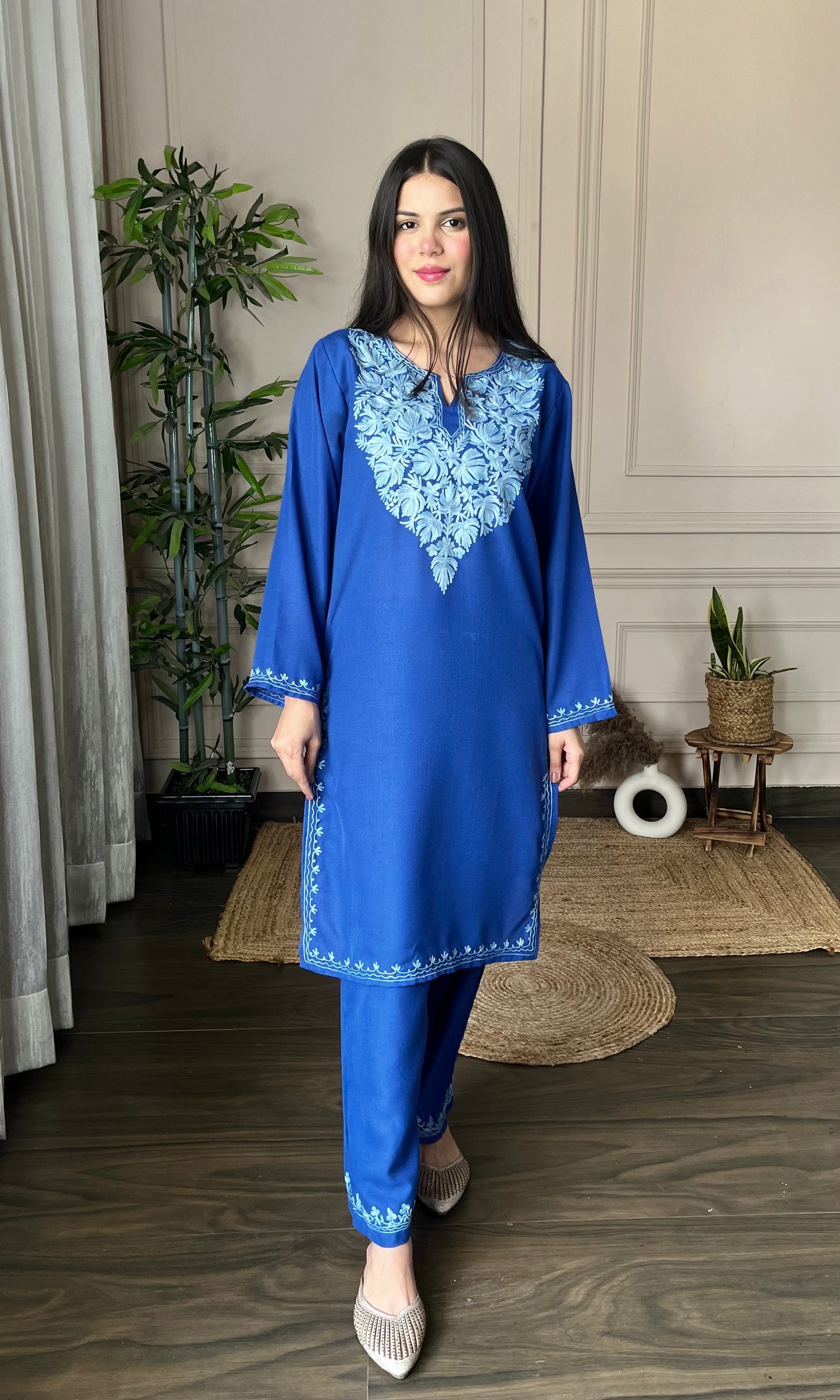 Blue Aari Embroidered Cotton Co-ord Set