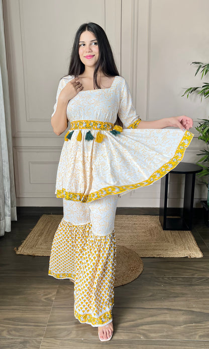 Yellow Printed Cotton Sharara Set With Belt