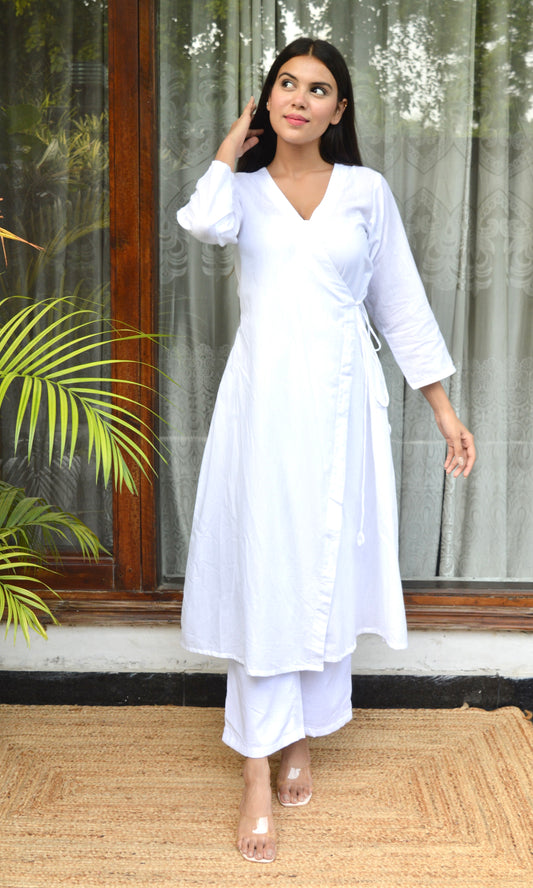 White Cotton Angrakha Kurta with Pants