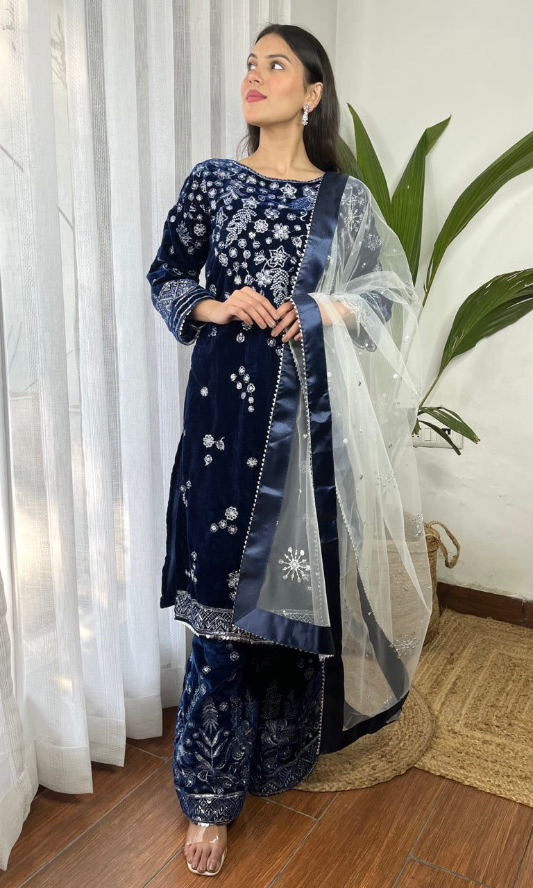 Deep Blue Velvet Suit with Flowing Dupatta