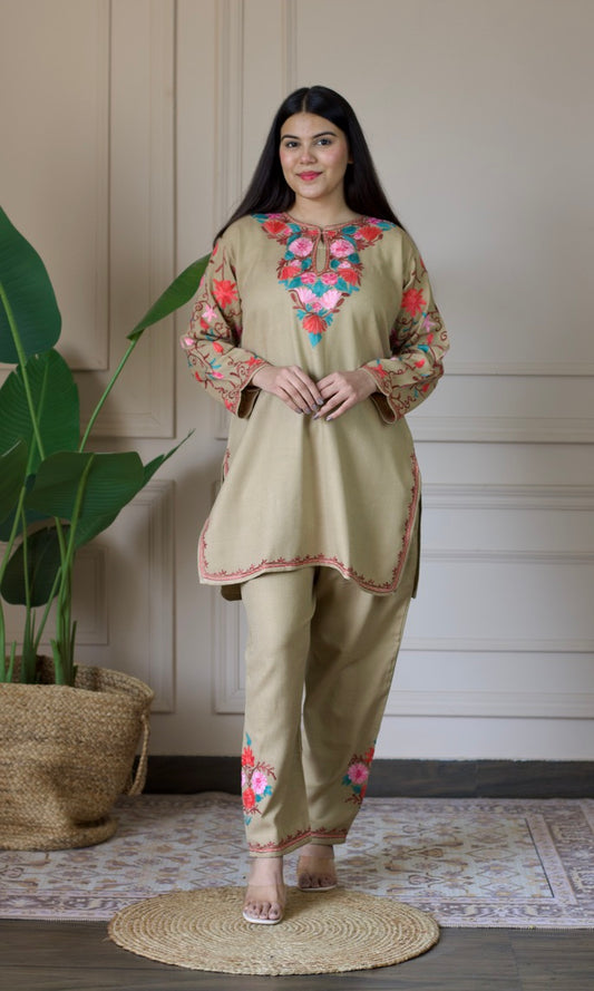 Beige Kashmiri Aari Woollen Co-ord Set – Blush Bloom