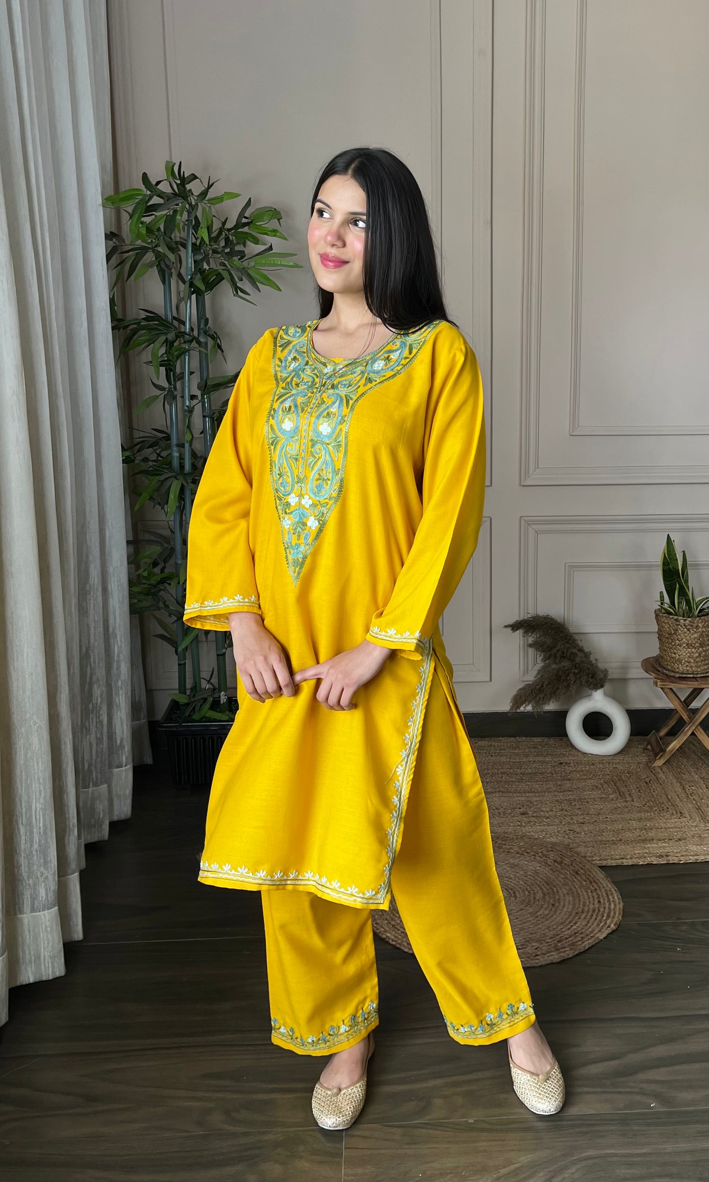 Mustard Aari Embroidered Cotton Co-ord Set