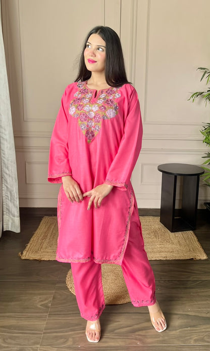 Hot Pink Aari Embroidered Cotton Co-ord Set