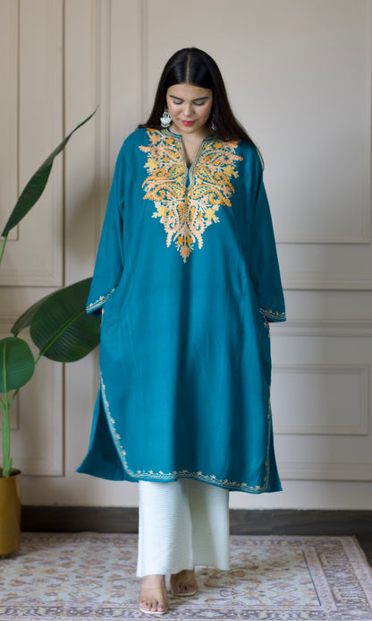 Golden Leaf Aari Embroidered Sea Green Fine Cashmilon Pheran