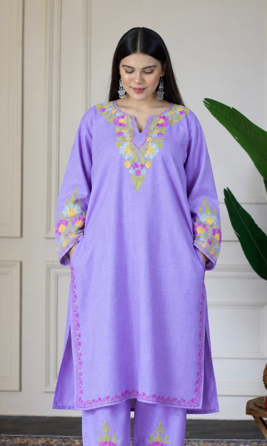 Lavender Kashmiri Aari Embroidered  Kurta Set