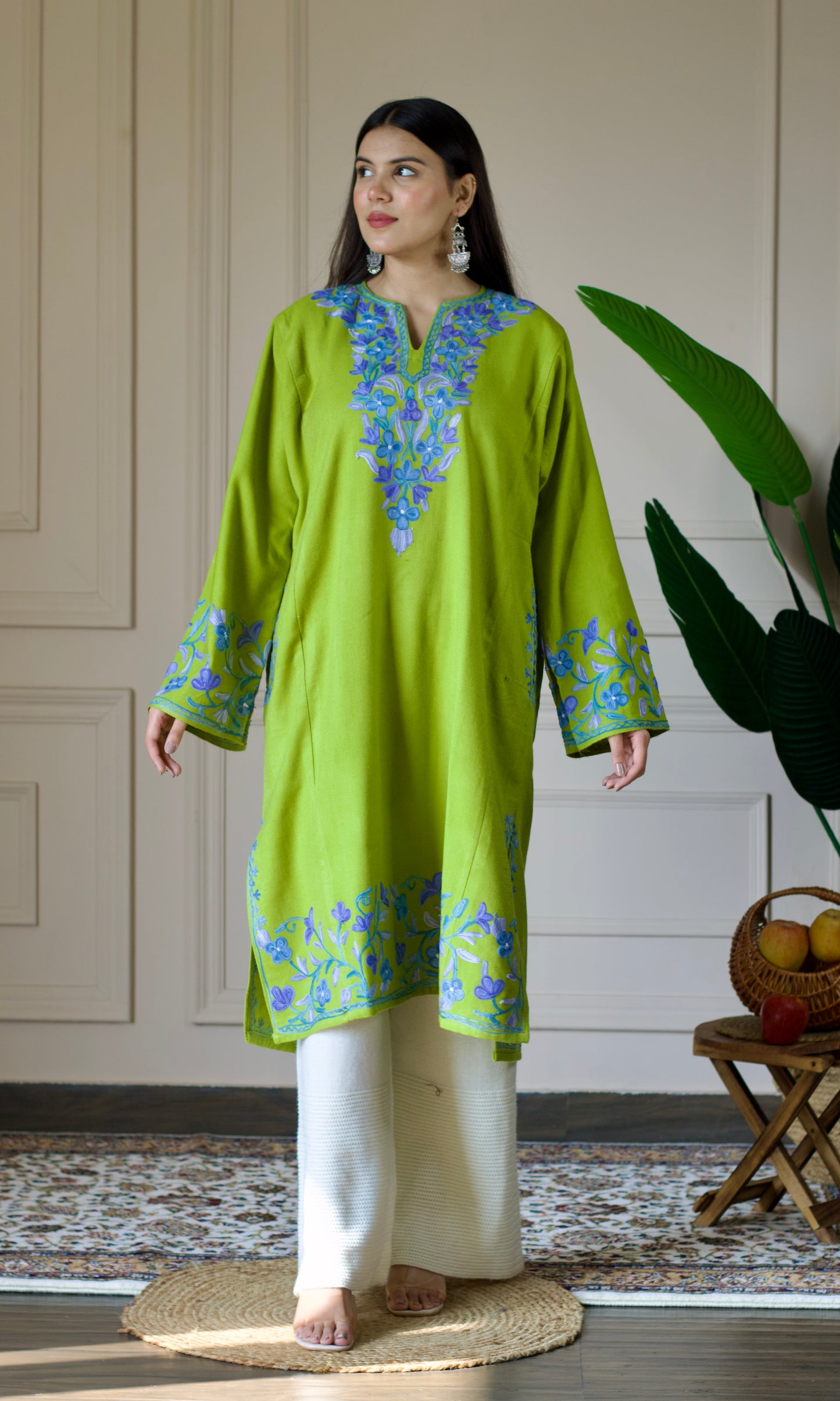 Lime Bloom Blue Aari Embroidered Fine Cashmilon Pheran