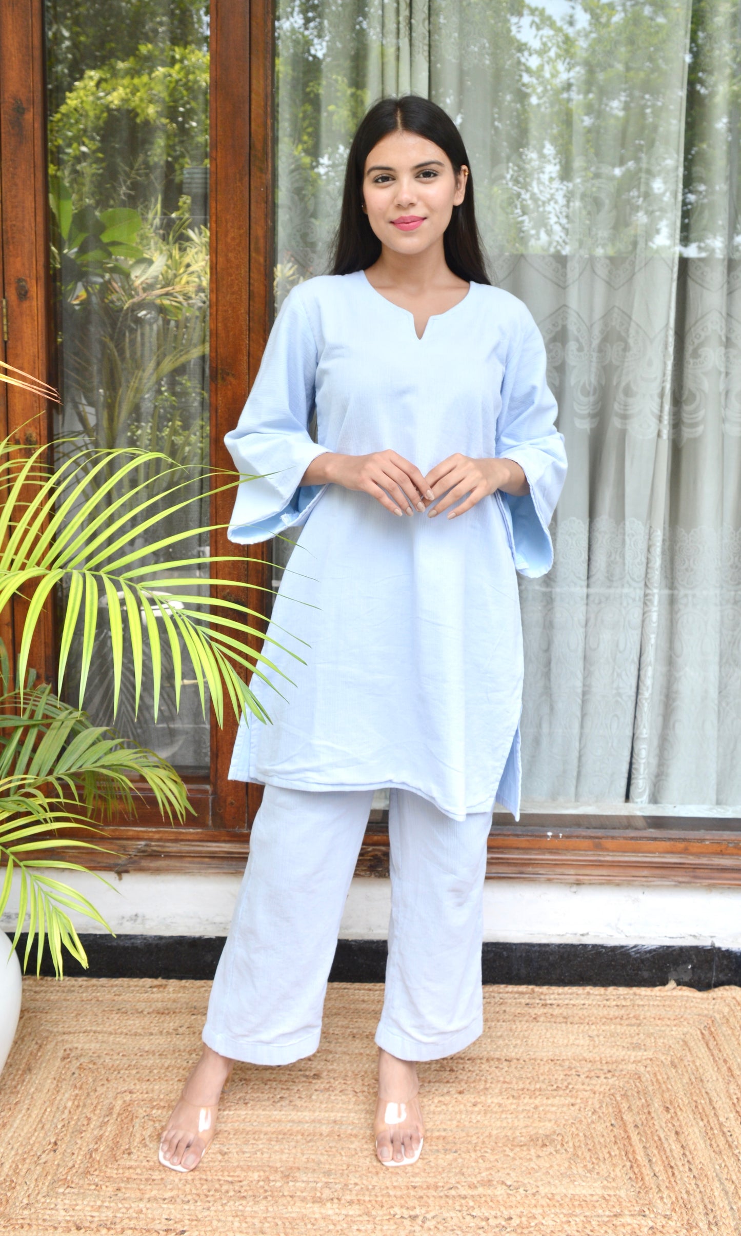 Light Blue Relaxed Fit Co-ord Set with Bell Sleeves