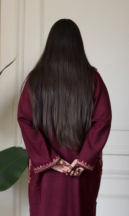 Floral Wine Aari Embroidered Fine Cashmilon Pheran