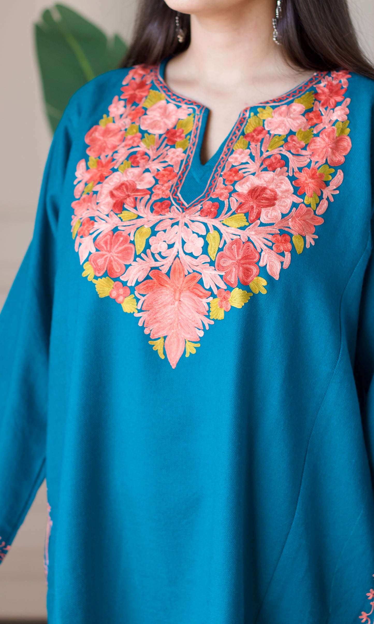 Sea Green Blossom Aari Embroidered Fine Cashmilon Pheran