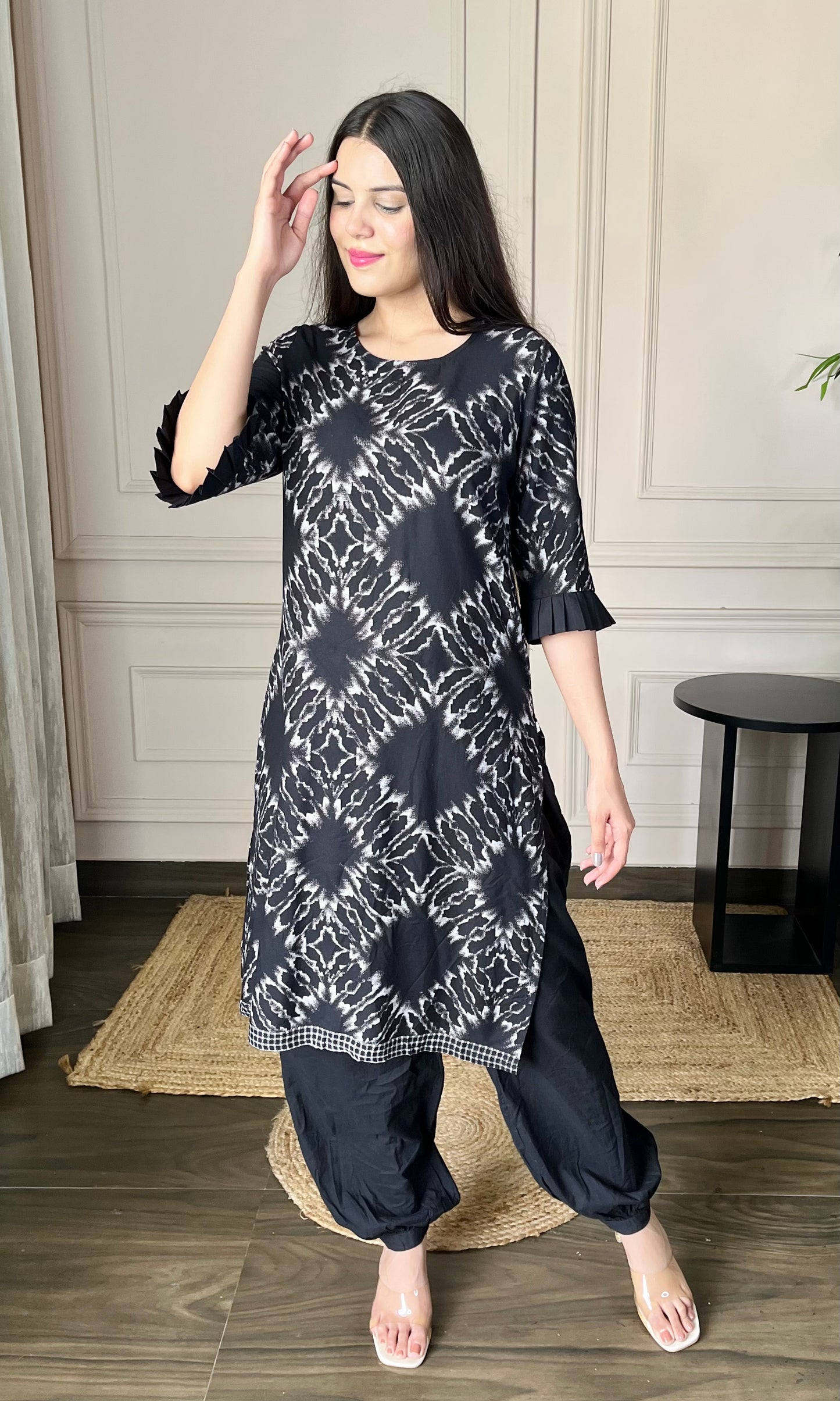 Black Printed Kurti with Afgani Salwar Set