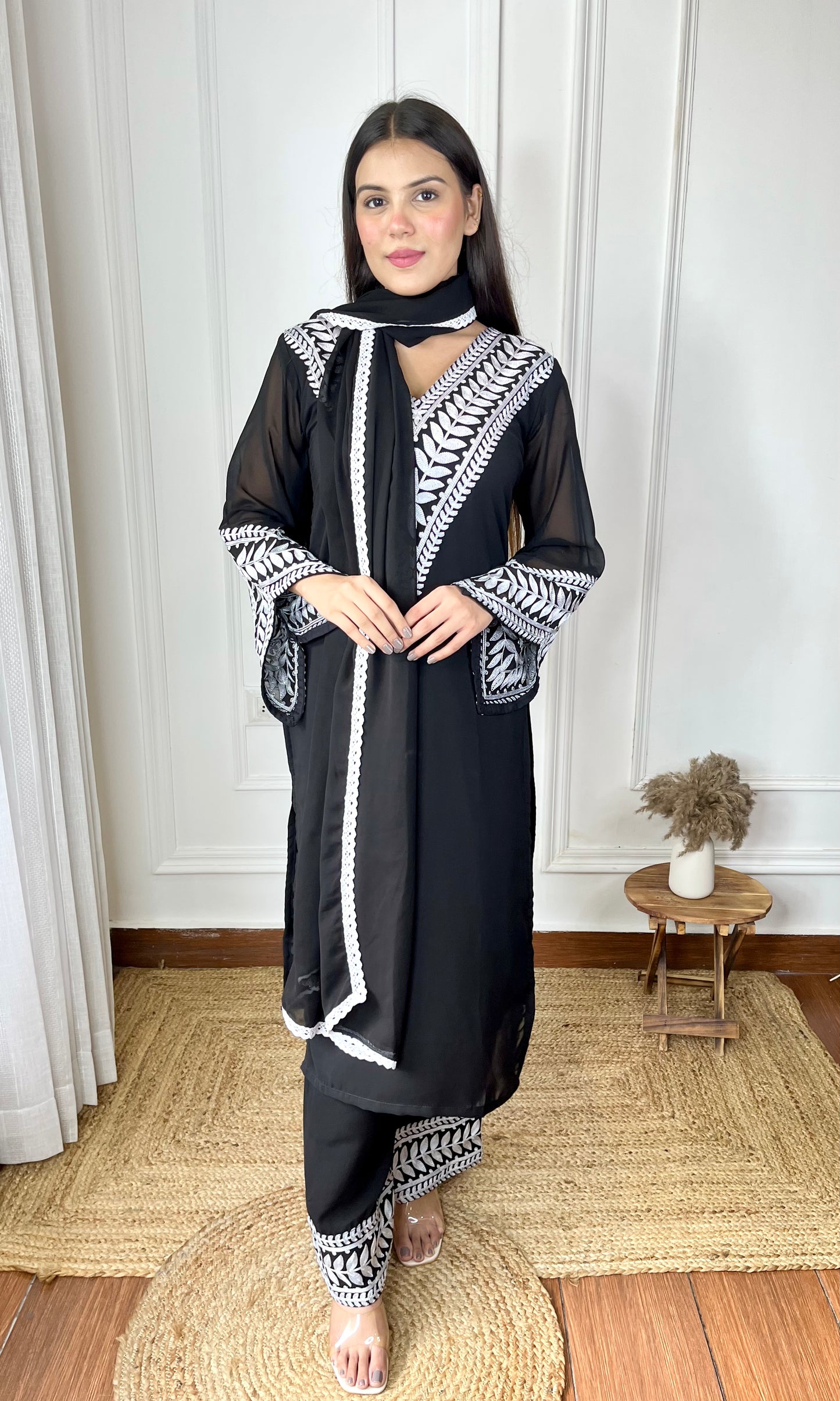 Embroidered Black Georgette Kurta-Pant & Dupatta Set