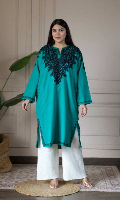 Sea Green Black Bloom Aari Embroidered Fine Cashmilon Pheran