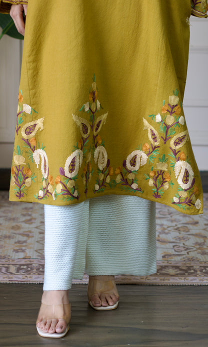 Mustard Aari Embroidered Wool Pheran