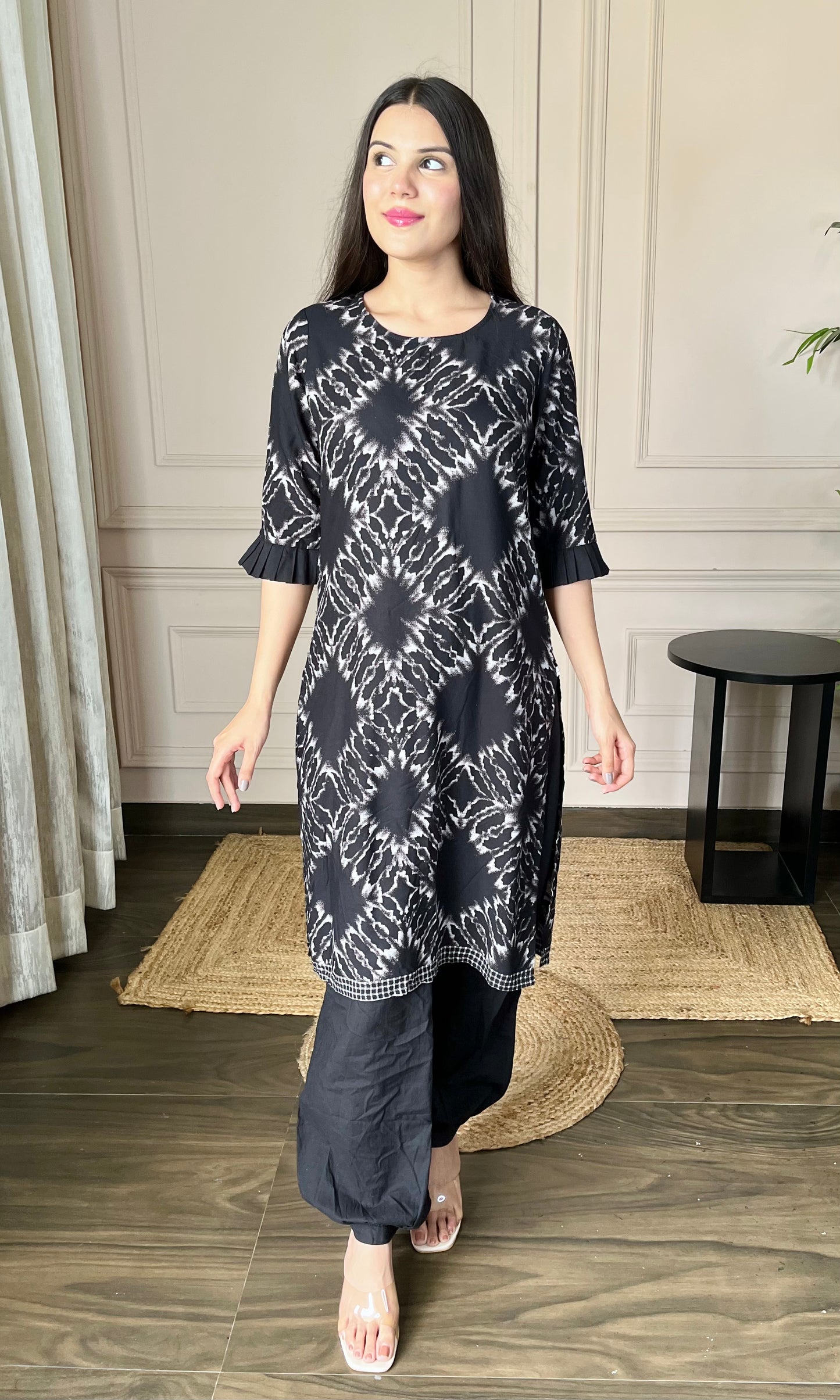 Black Printed Kurti with Afgani Salwar Set