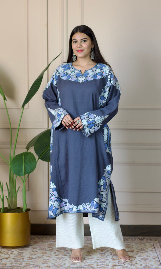 Grey Aari Embroidered Wool Pheran