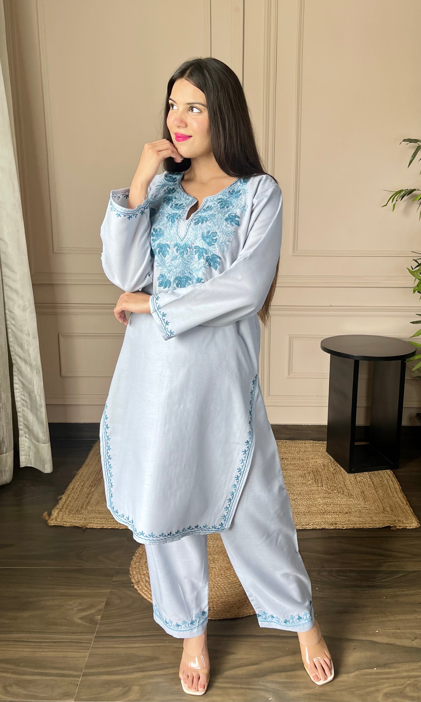 Blue Bliss Aari Embroidered Grey Cotton Co-ord Set