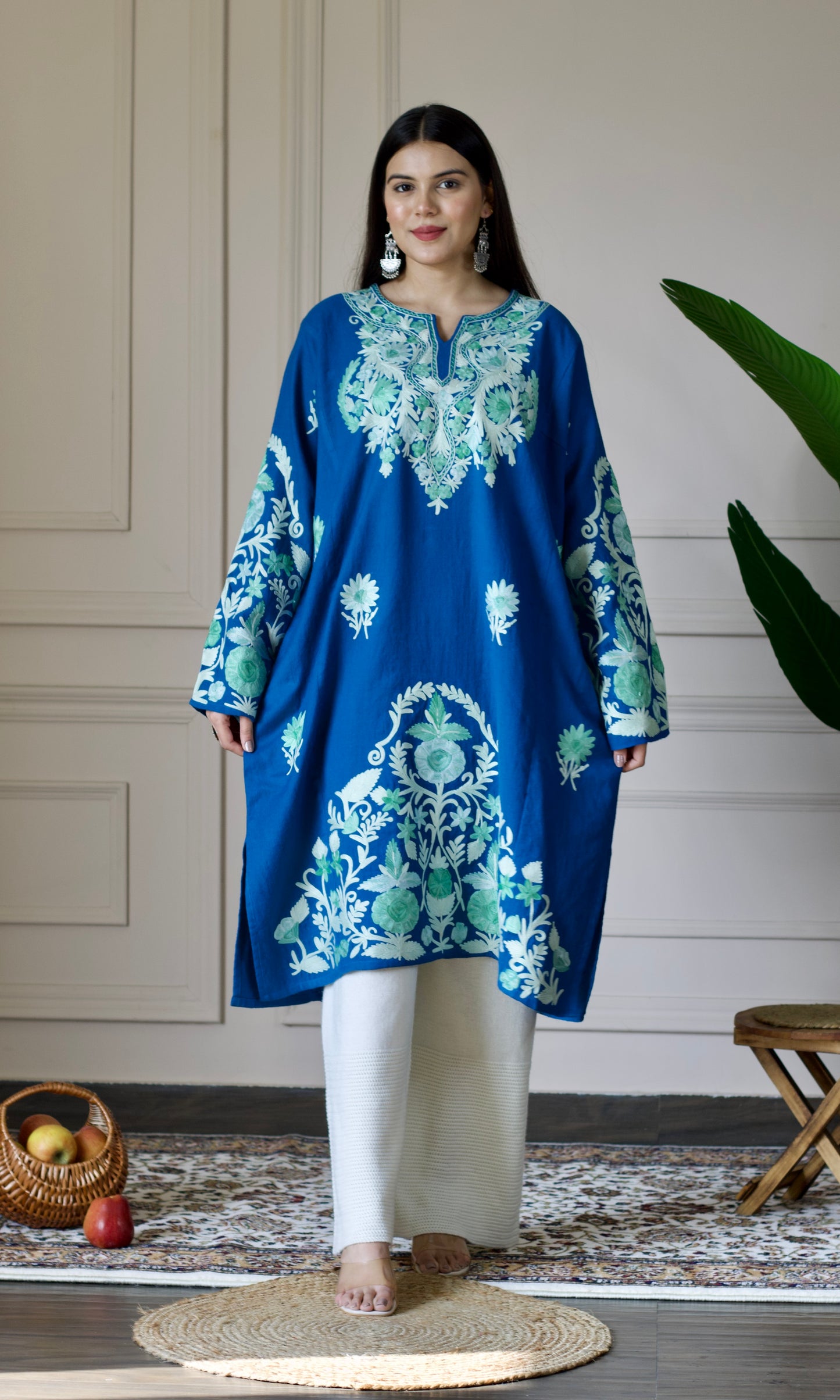 Blue Aari Embroidered Wool Pheran