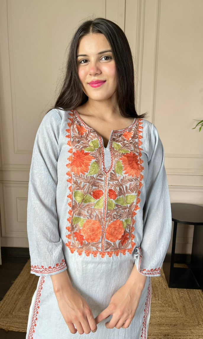 Grey Aari Embroidered Crushed Cotton Kurti