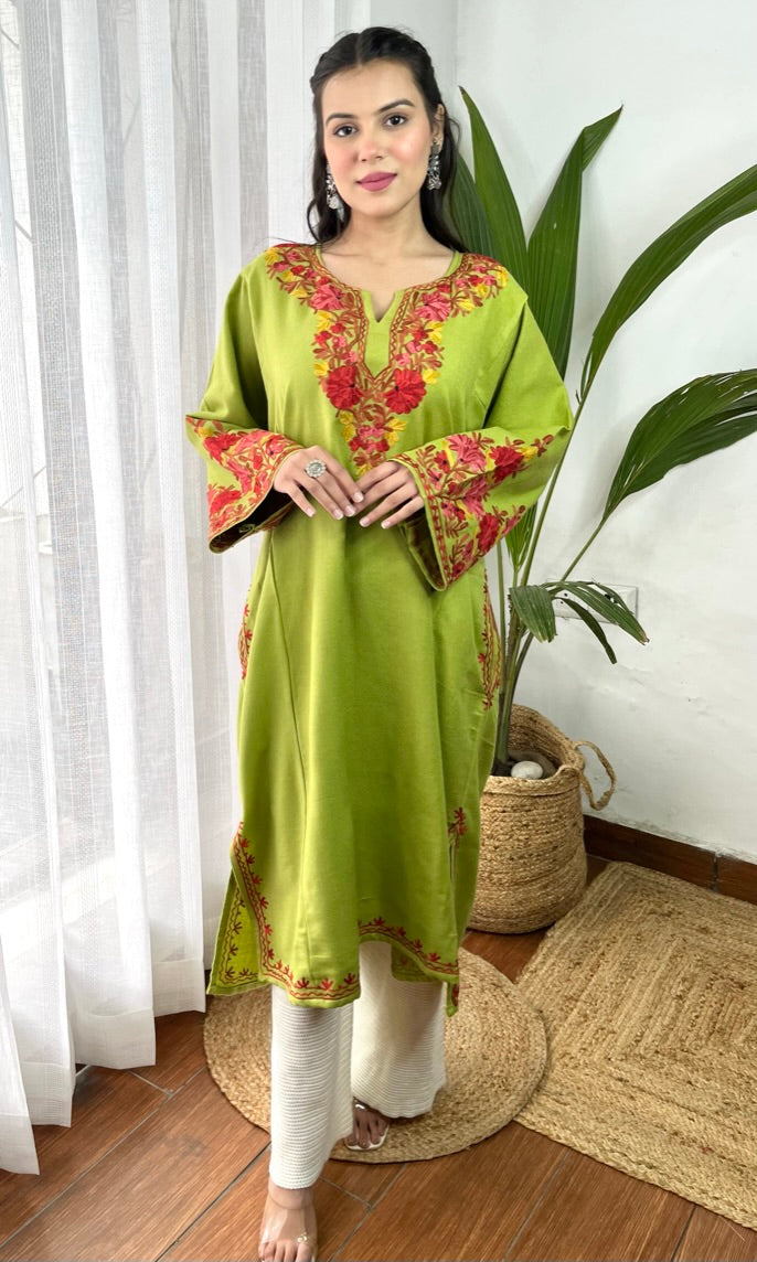 Parrot Green Bliss Pink Aari Embroidered Fine Cashmilon Pheran