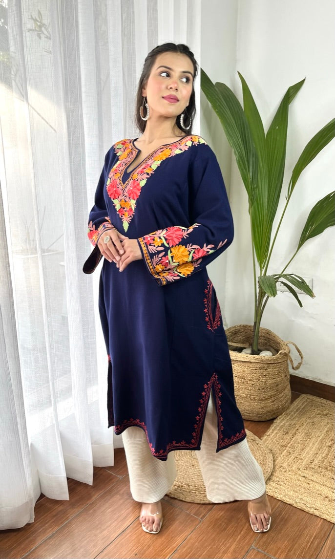 Navy Blue Bliss with Pink Aari Embroidered Fine Cashmilon Pheran