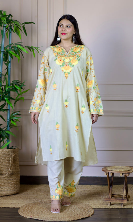 Beige Aari Embroidered Cotton Co-ord Set
