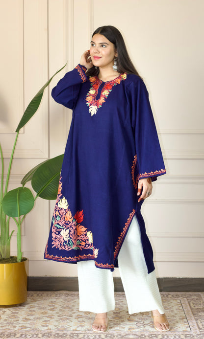 Evening Hues Aari Embroidered Navy Fine Cashmilon Pheran