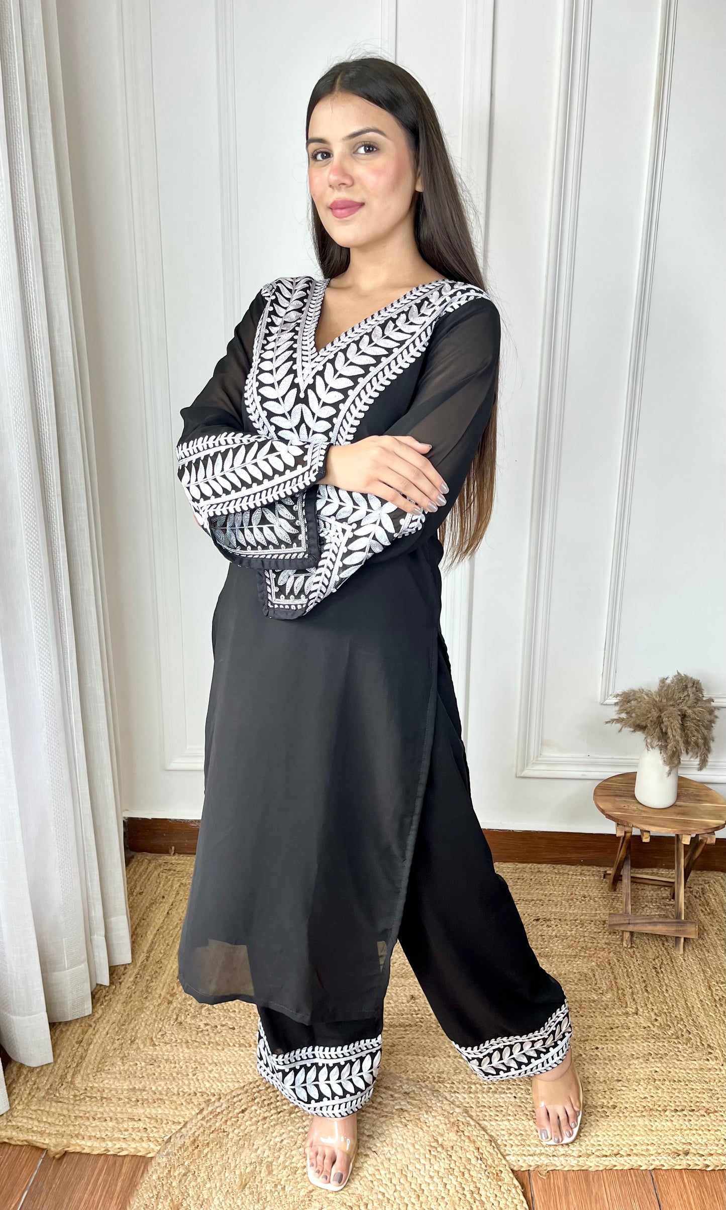 Embroidered Black Georgette Kurta-Pant & Dupatta Set