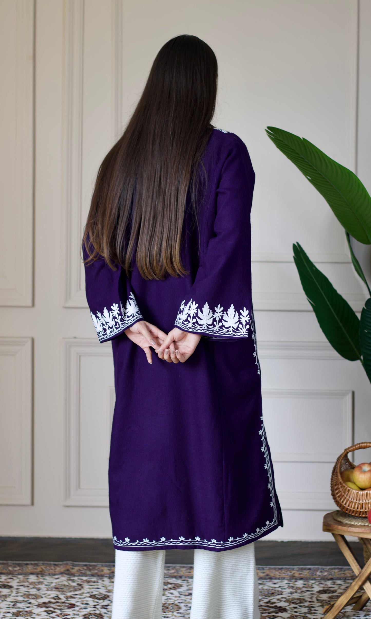 Navy Blue Cashmilon Pheran with White Aari Embroidery