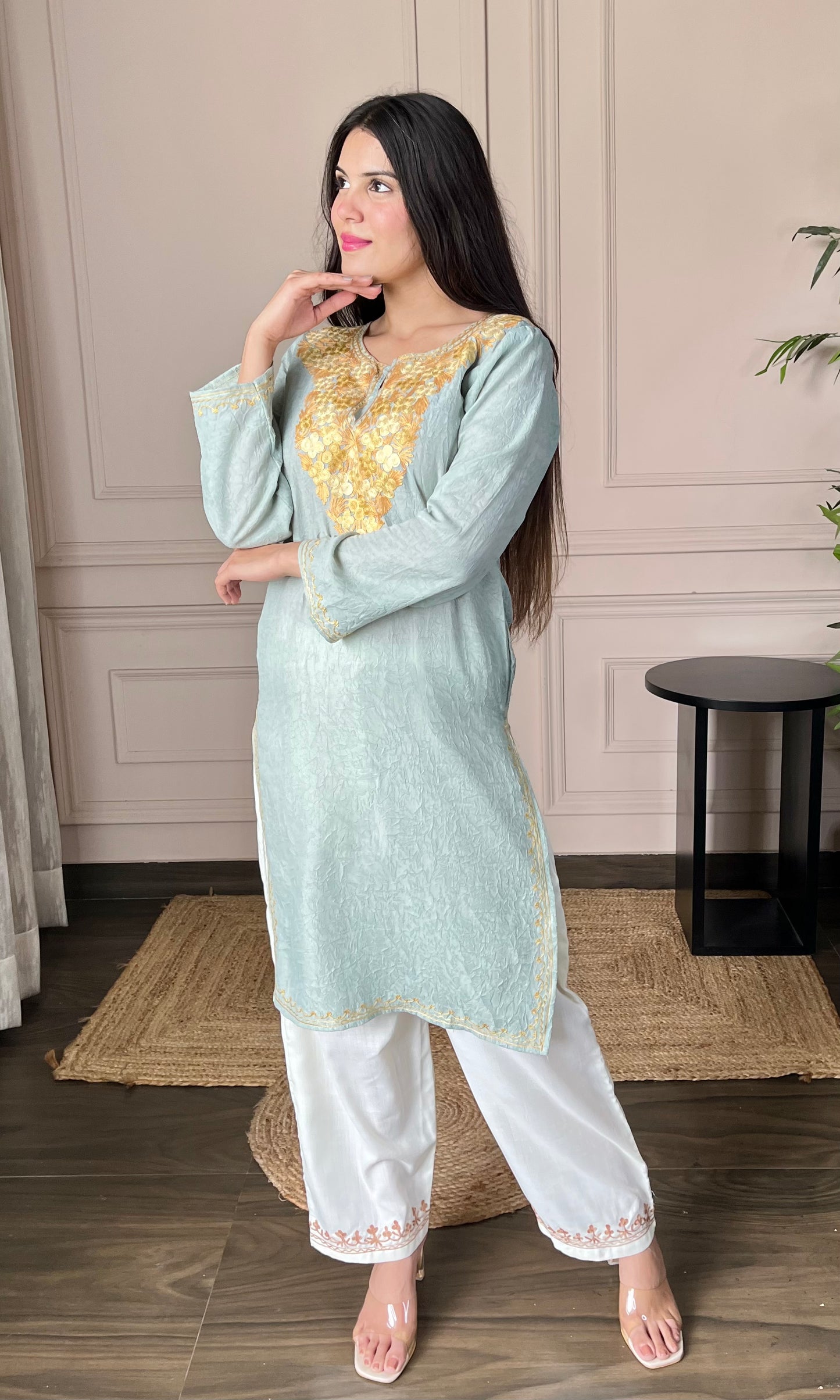 Light sea green Aari Embroidered Crushed Cotton Kurti