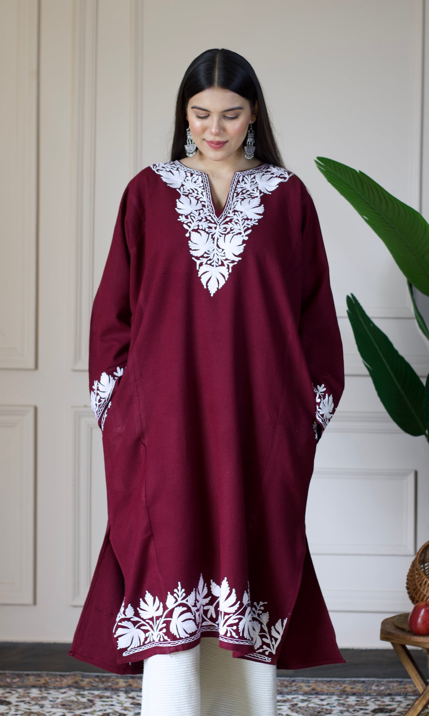 Deep Wine Cashmilon Pheran with White Aari Embroidery