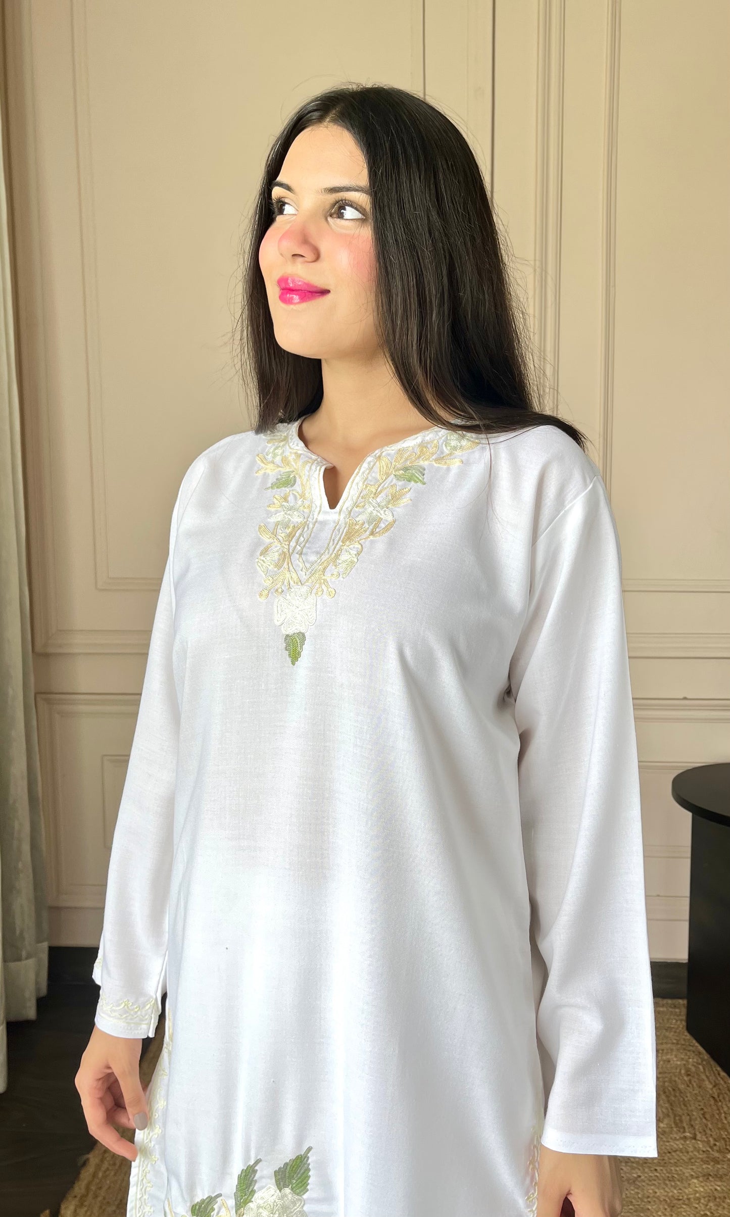 Basic White Aari Embroidered Cotton Co-ord Set