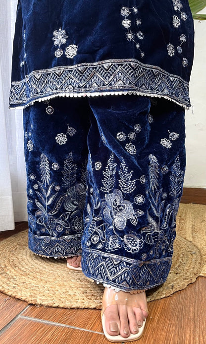 Deep Blue Velvet Suit with Flowing Dupatta