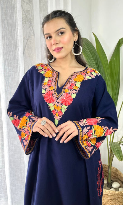 Navy Blue Bliss with Pink Aari Embroidered Fine Cashmilon Pheran