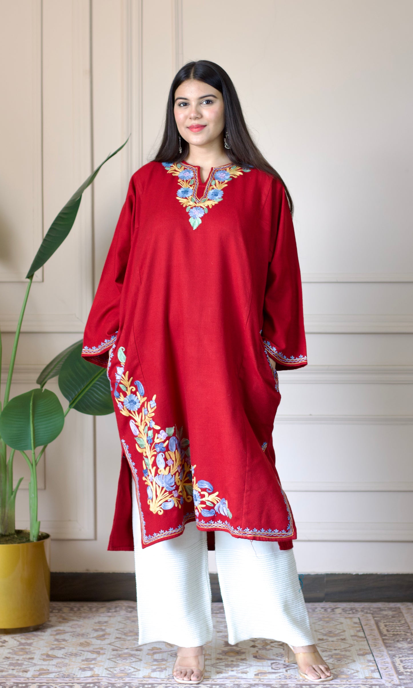 Ruby Bloom Aari Embroidered Fine Cashmilon Pheran