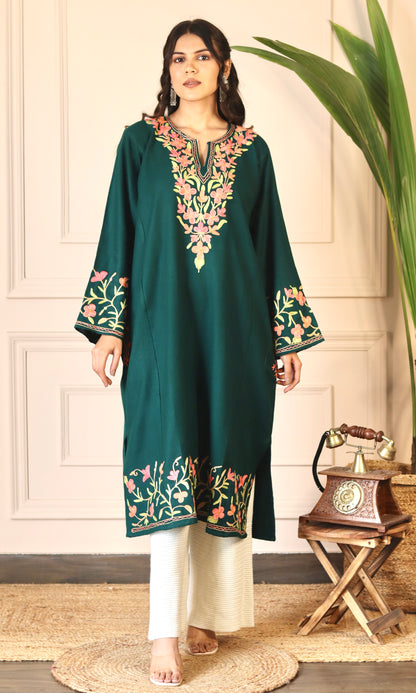 Bottle Green Aari Embroidered Fine Cashmilon Pheran