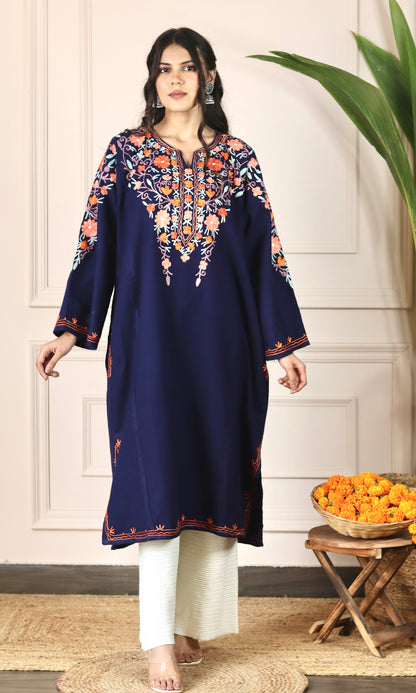 Navy Blue Aari Embroidered Fine Cashmilon Pheran