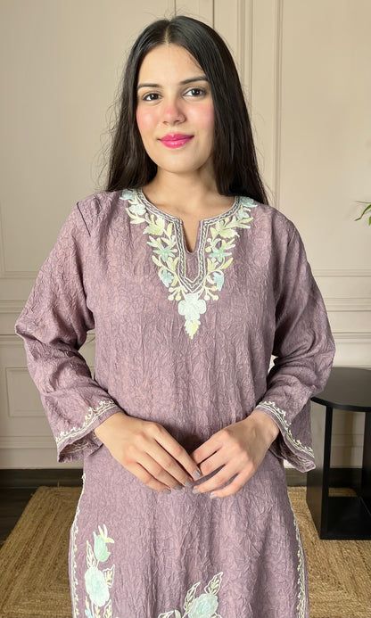 Mauve Aari Embroidered Crushed Cotton Kurti