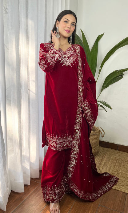 Red Velvet Suit with Flowing Dupatta