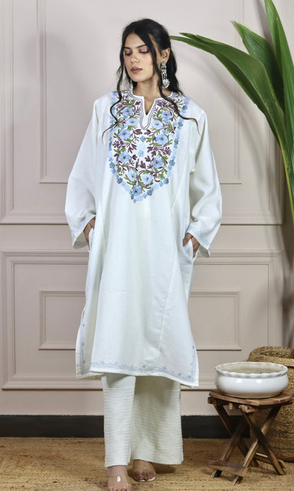 Sapphire Sky White Aari Embroidered Fine Cashmilon Pheran