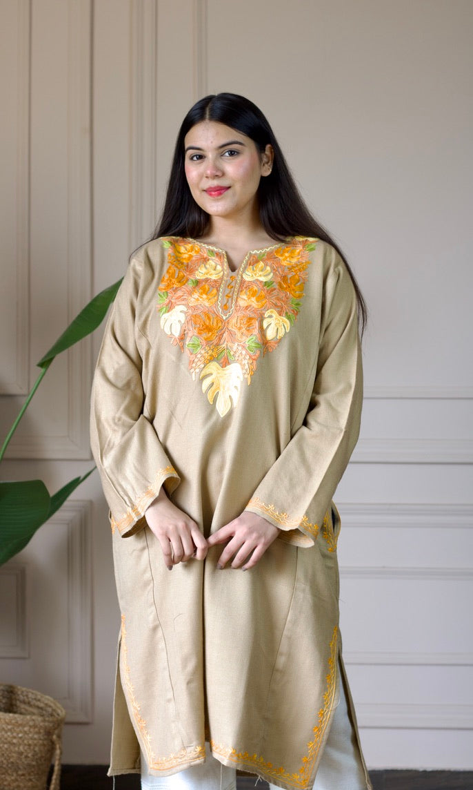 Beige Marigold Aari Embroidered Fine Cashmilon Pheran