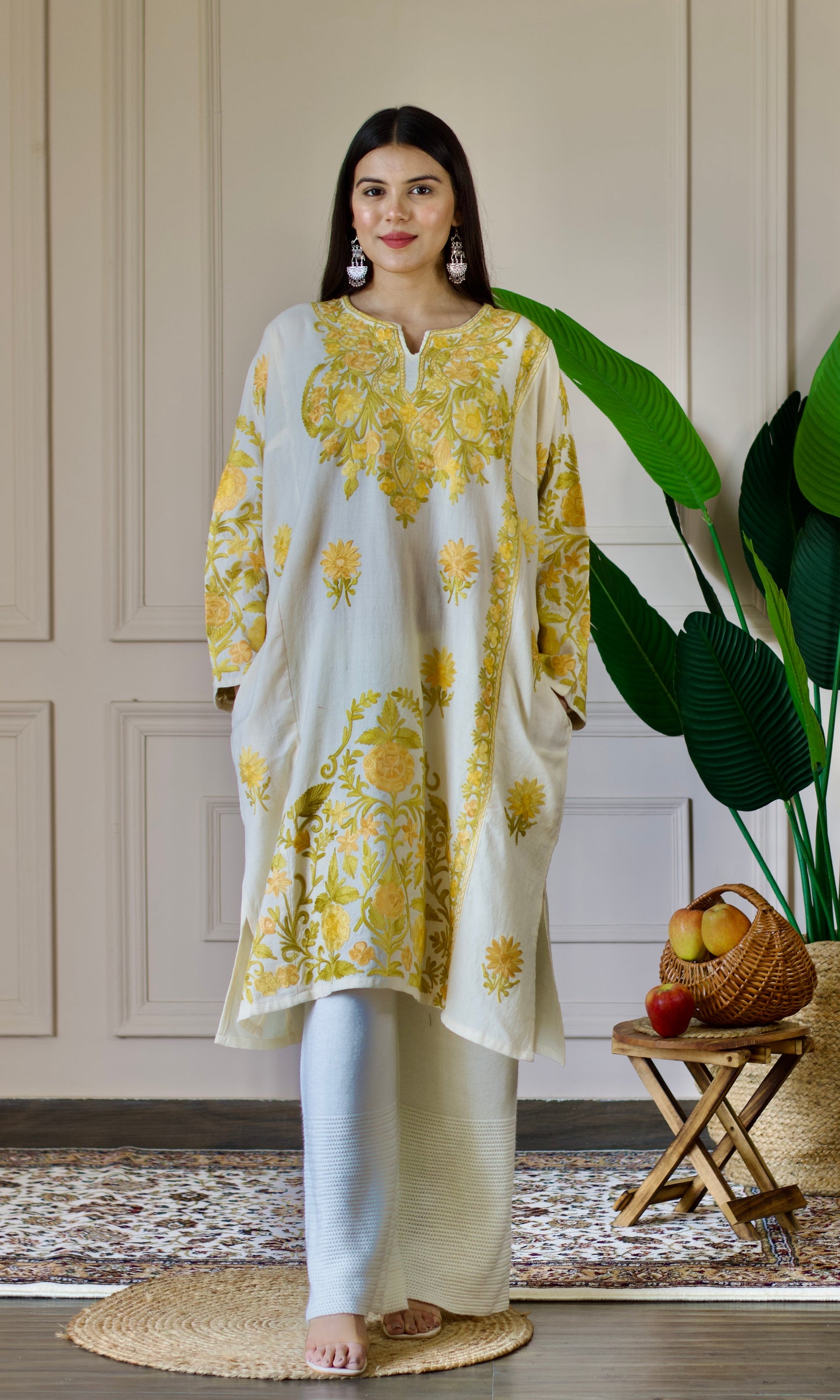 Ivory Bloom Yellow Aari Embroidered Wool Pheran