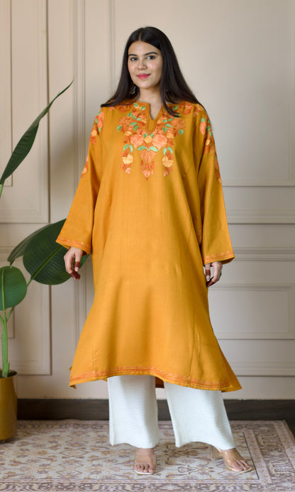 Saffron Bloom Aari Embroidered Mustard Fine Cashmilon Pheran