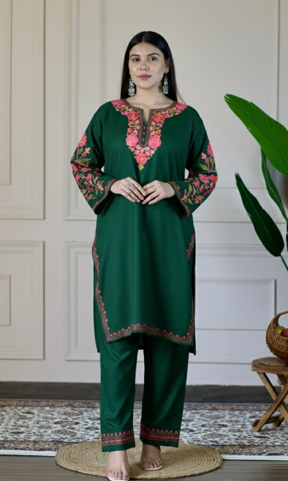 Bottle Green Kashmiri Aari Woollen Co-ord Set - Blush Bloom