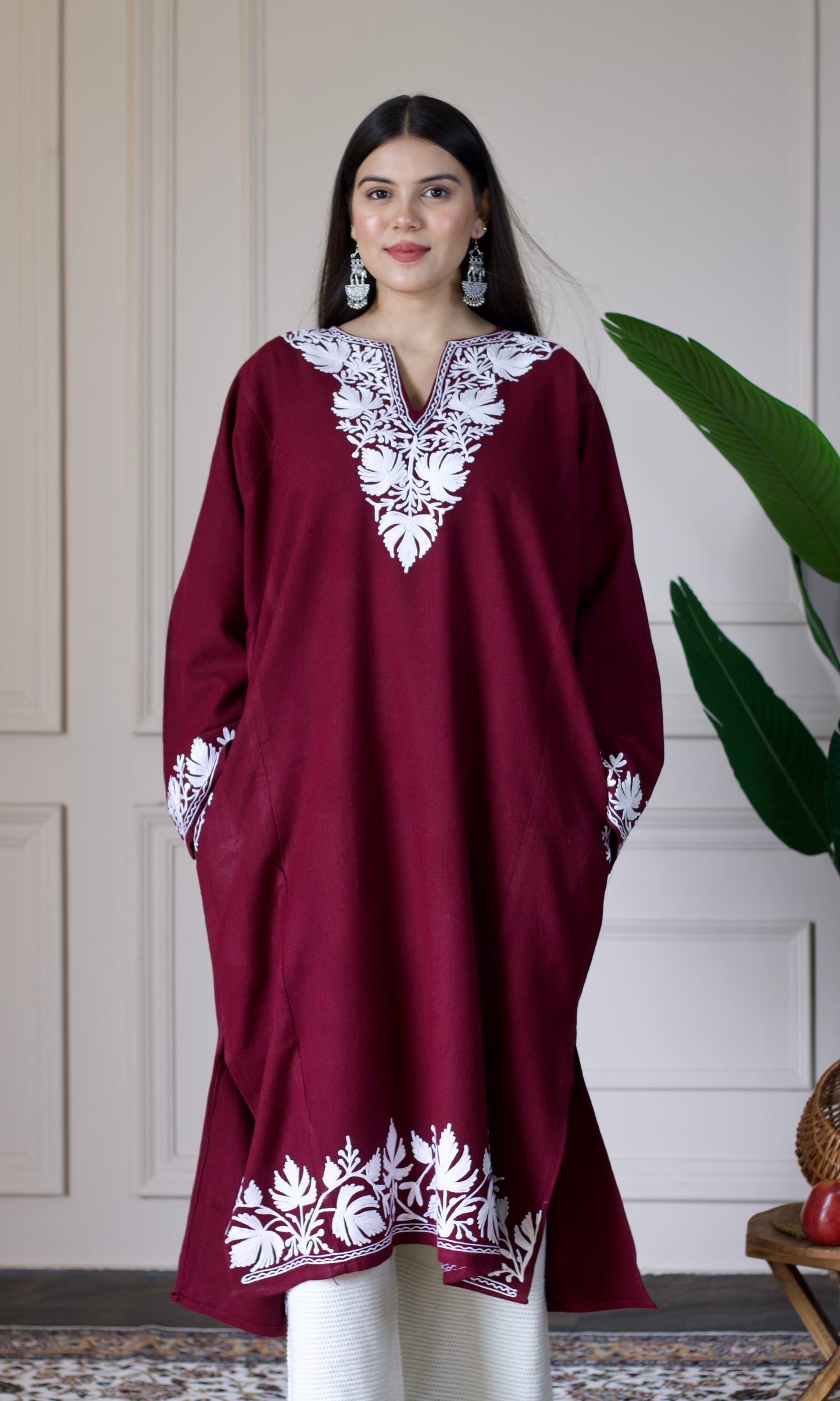 Deep Wine Cashmilon Pheran with White Aari Embroidery