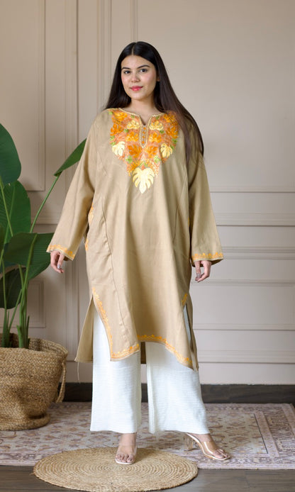 Beige Marigold Aari Embroidered Fine Cashmilon Pheran