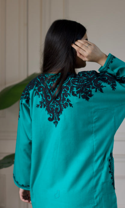 Sea Green Black Bloom Aari Embroidered Fine Cashmilon Pheran