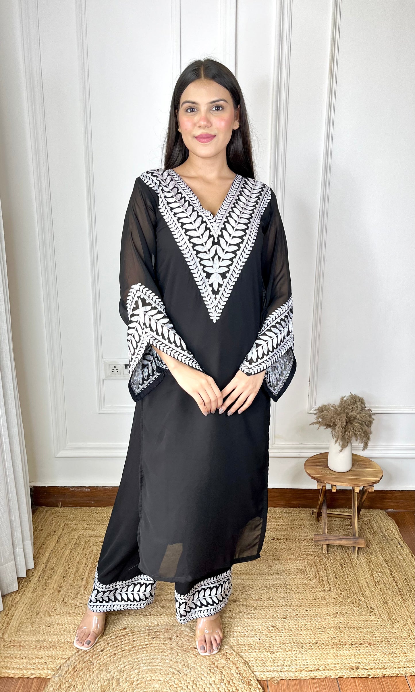 Embroidered Black Georgette Kurta-Pant & Dupatta Set